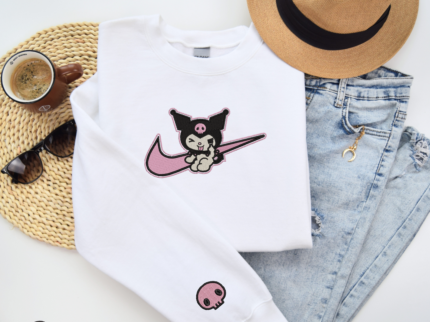 Kuromi Swoosh Embroidered Sweatshirt – Cute Gothic Anime Custom Sweatshirt