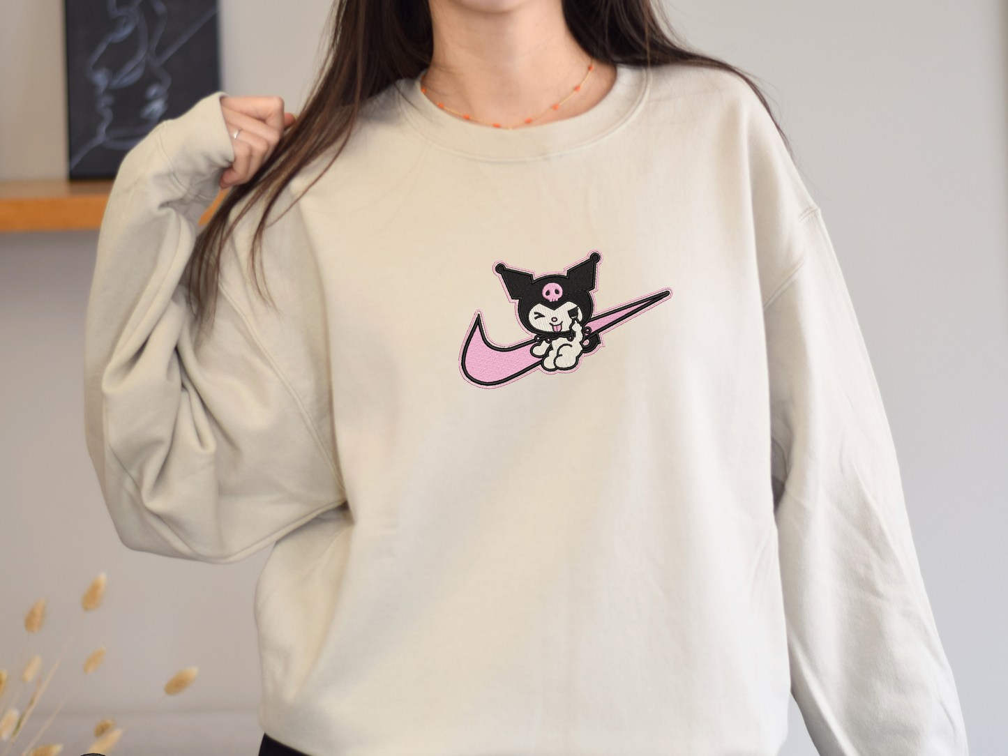 Kuromi Swoosh Embroidered Sweatshirt – Cute Gothic Anime Custom Sweatshirt
