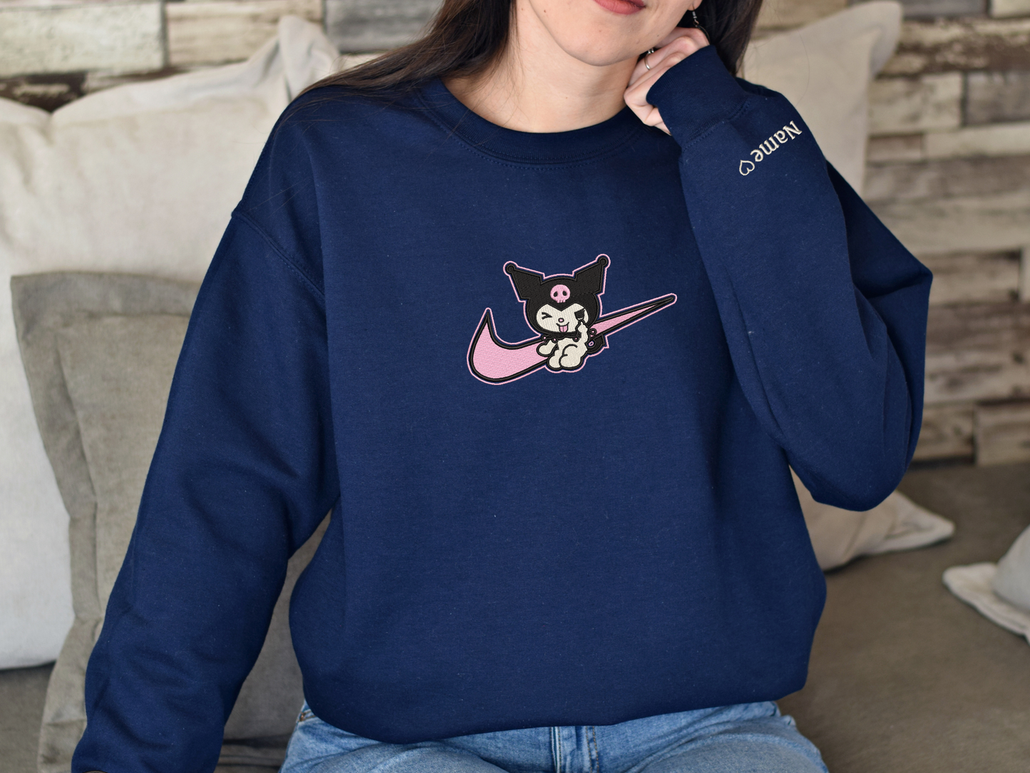 Kuromi Swoosh Embroidered Sweatshirt – Cute Gothic Anime Custom Sweatshirt