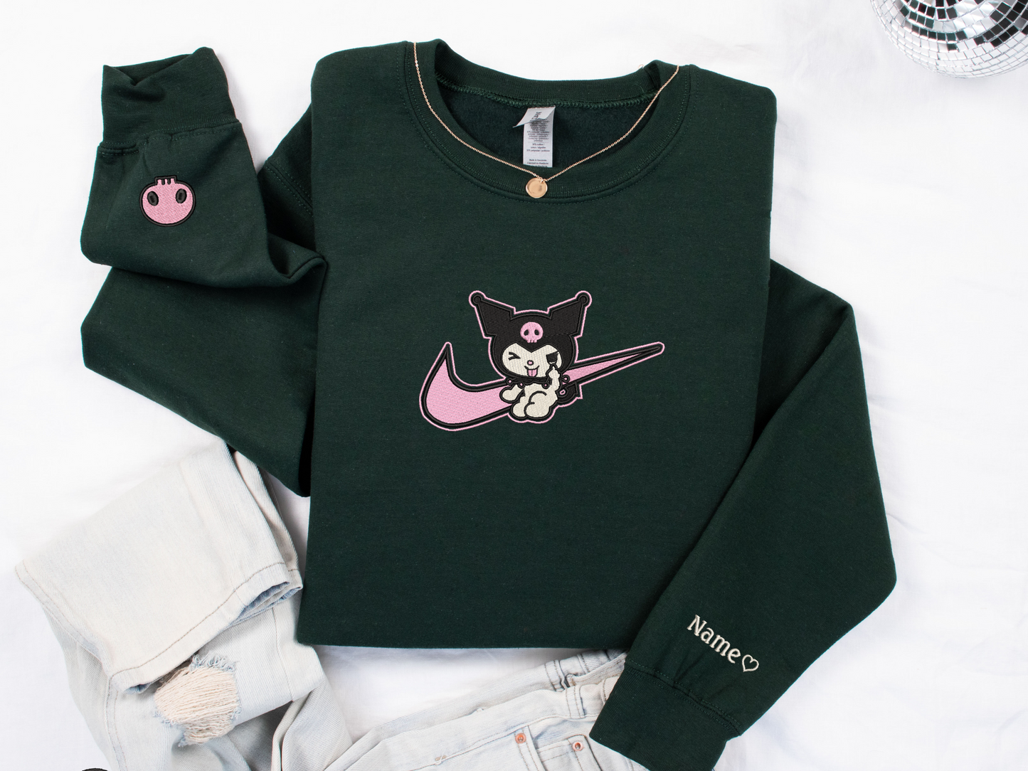 Kuromi Swoosh Embroidered Sweatshirt – Cute Gothic Anime Custom Sweatshirt