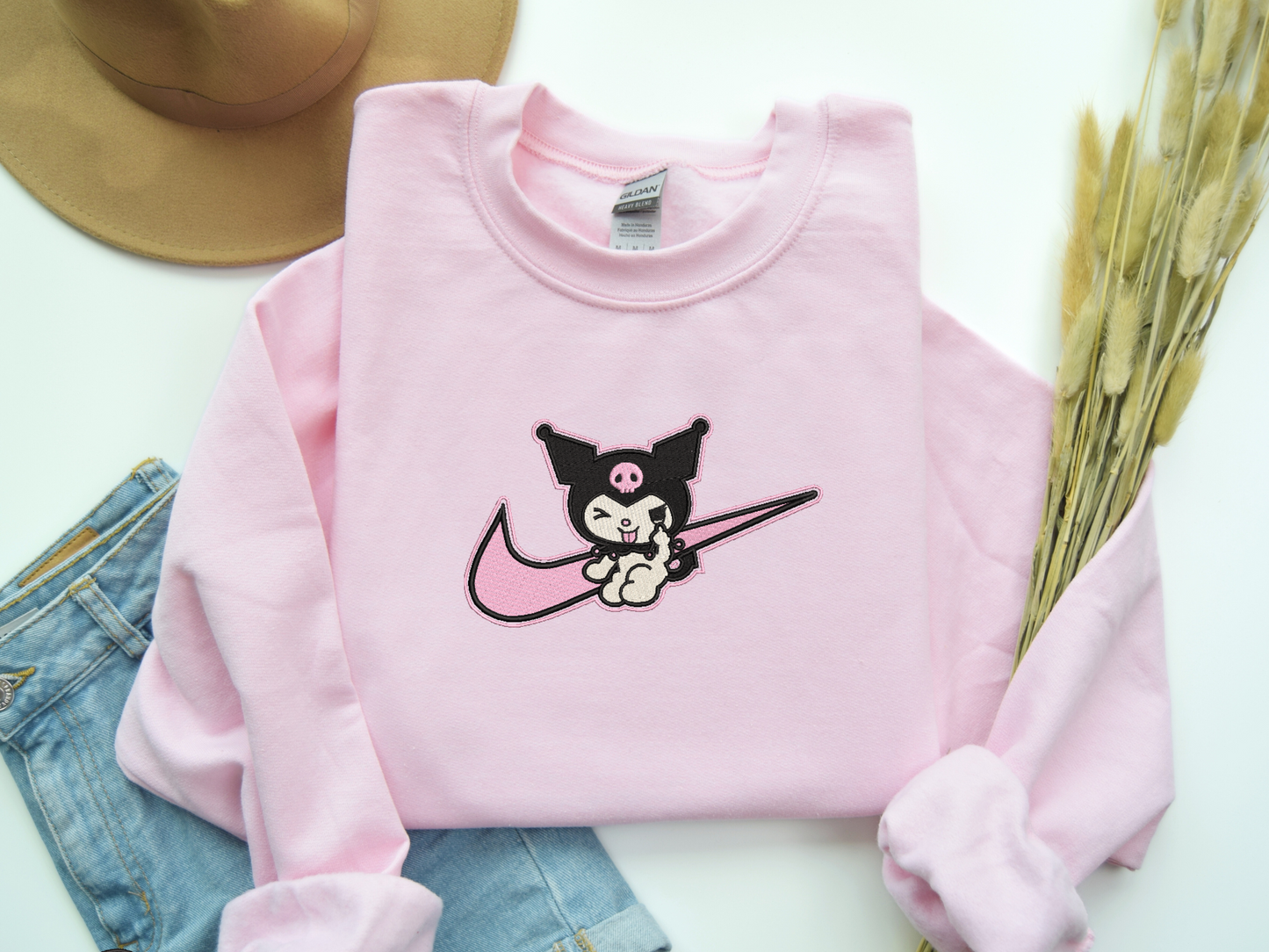 Kuromi Swoosh Embroidered Sweatshirt – Cute Gothic Anime Custom Sweatshirt