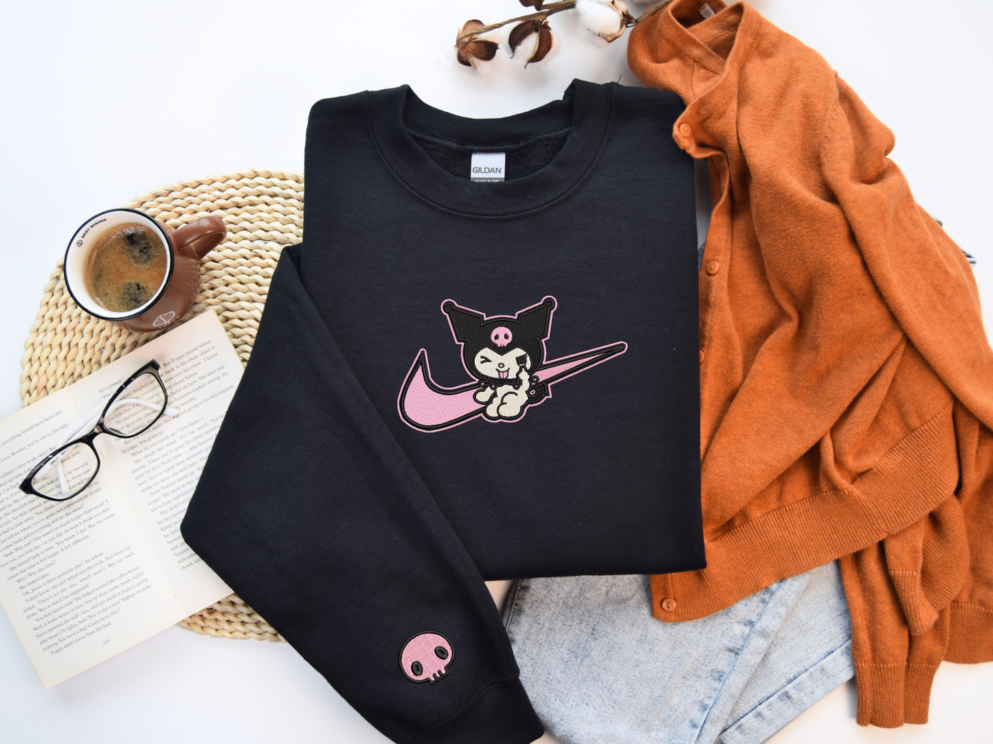 Kuromi Swoosh Embroidered Sweatshirt – Cute Gothic Anime Custom Sweatshirt